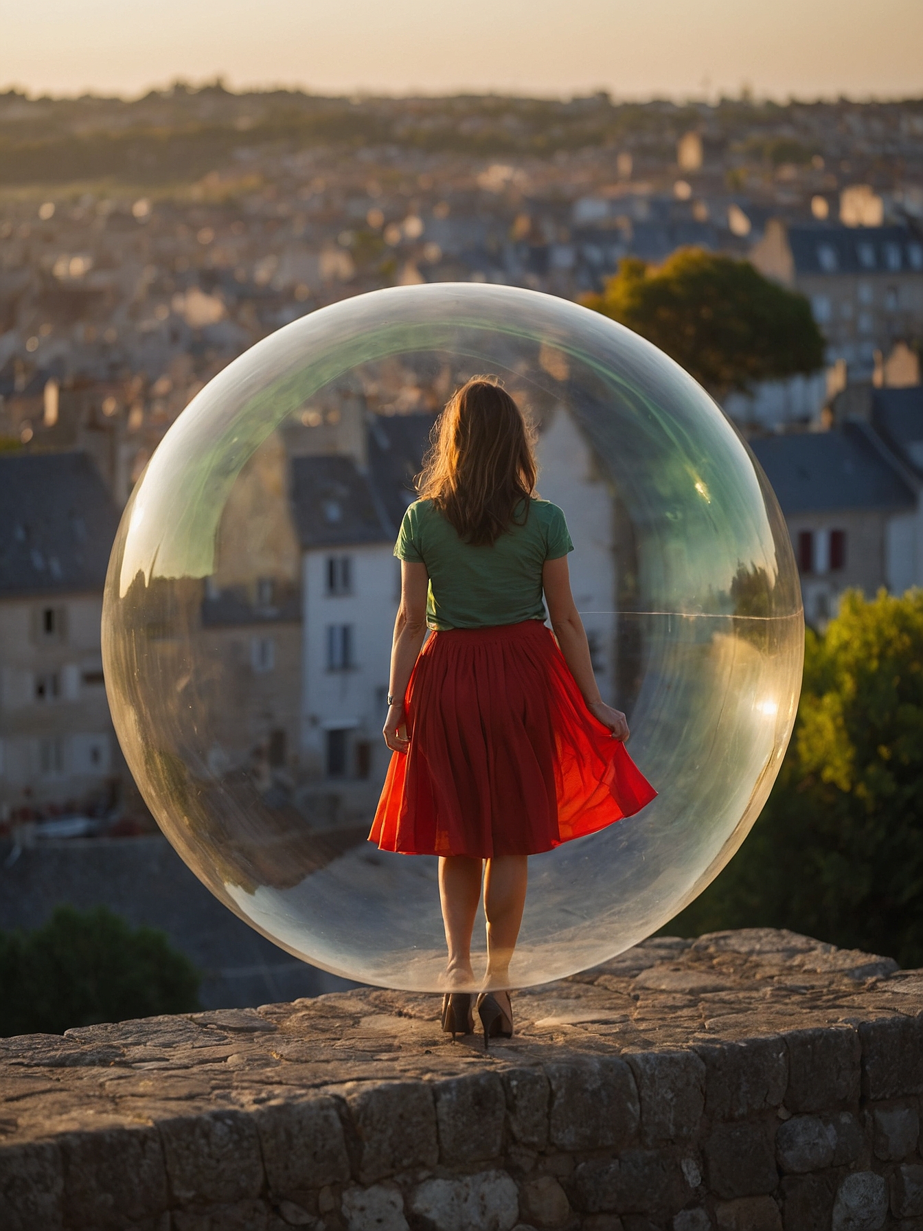 Jeune femme en jupe rouge dans sa bulle hypnotique