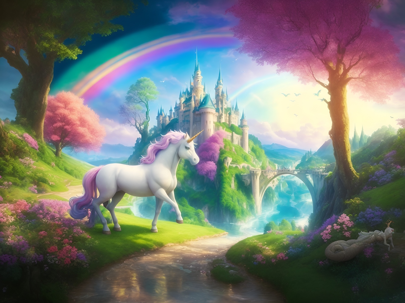 Une licorne sur un paysage d'arc-en-ciel et de château fort