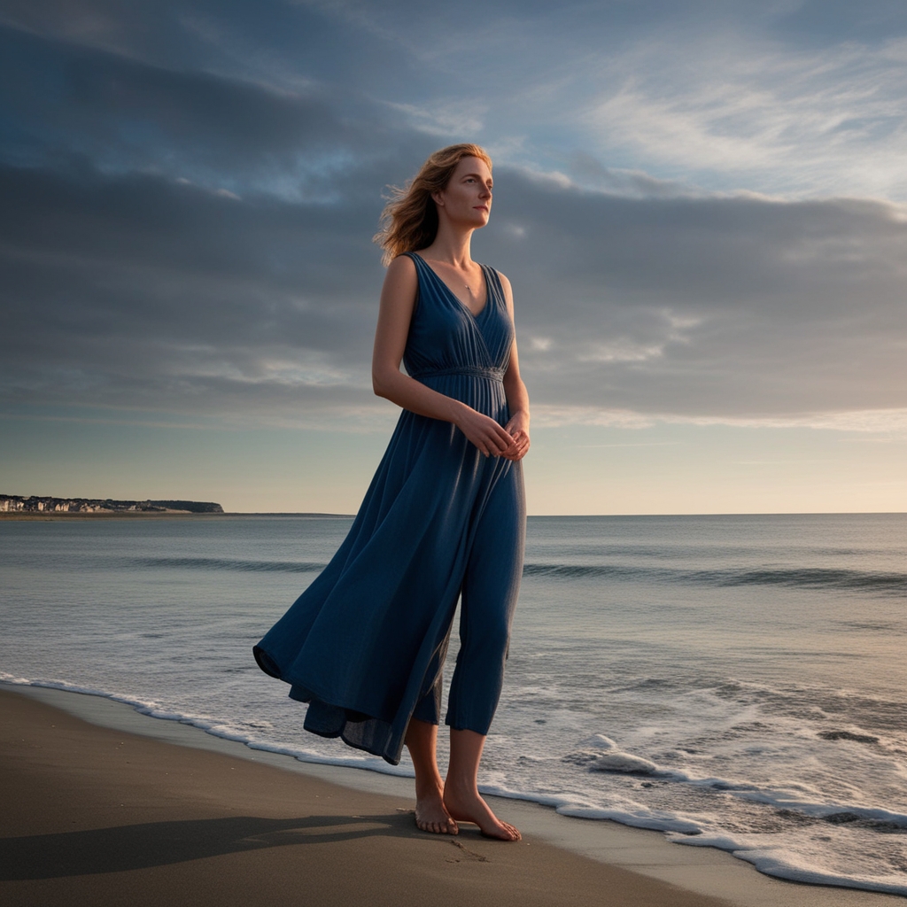 Une jeune femme méditative sur le littoral en Bretagne